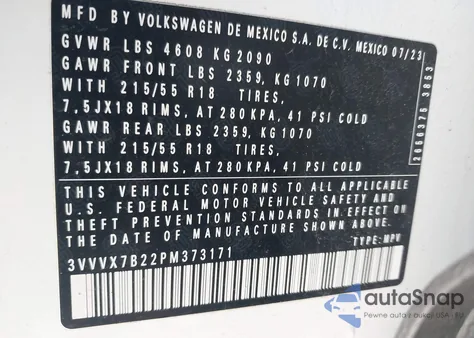 2023 Volkswagen Taos 1.5T Se from USA, damaged, VIN 3VVVX7B22PM373171